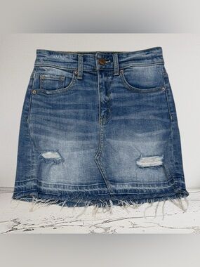 Buckle Women's Distressed Raw Hem Mini Skirt Blue Denim, Size XS
